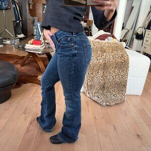 Y2K Low Rise Dark Wash Bootcut Jeans Faded Distressed Hem Vintage Denim